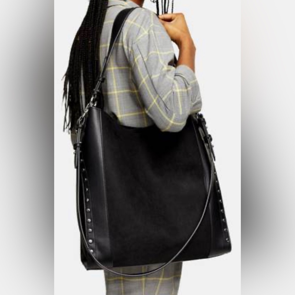 TOPSHOP Silver Studded Black Faux Suede Faux Leather Large Bag NWT